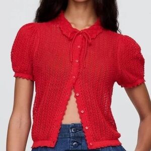 NWT GAP x Doen linen-blend Red Puff Sleeve Cardigan